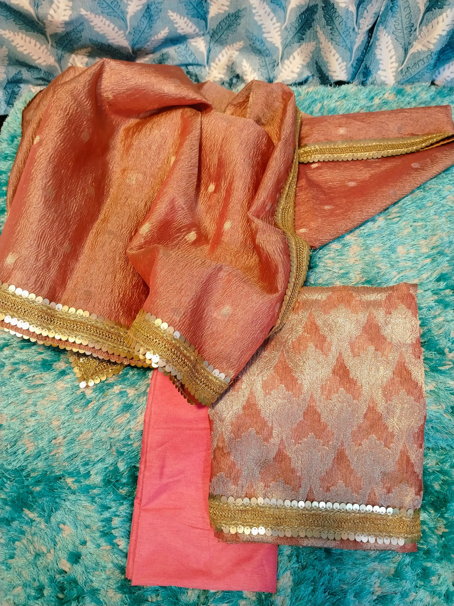 Crushed Tissue Banarasi Suit with Elegant Sequins Lace Work – Peach Gold Premium Set 1100SKL_CR1