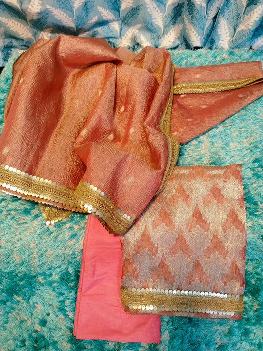 Crushed Tissue Banarasi Suit with Elegant Sequins Lace Work – Peach Gold Premium Set 1100SKL_CR1