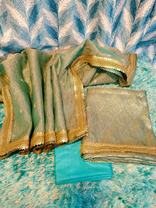Crushed Tissue Banarasi Suit with Elegant Sequins Lace Work – Green Premium Set 1100SKL_CR2
