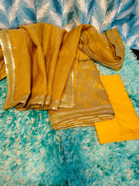 Crushed Tissue Banarasi Suit with Elegant Sequins Lace Work – Gold Premium Set 1100SKL_CR3