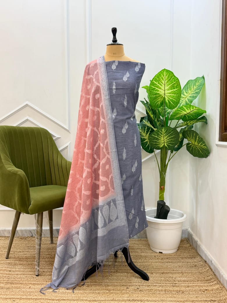 Elegant Linen Dupion Resham Booti Banarasi Suit with Contrast Jaal Dupatta – Grey & Peach 1100SKL_LDB2