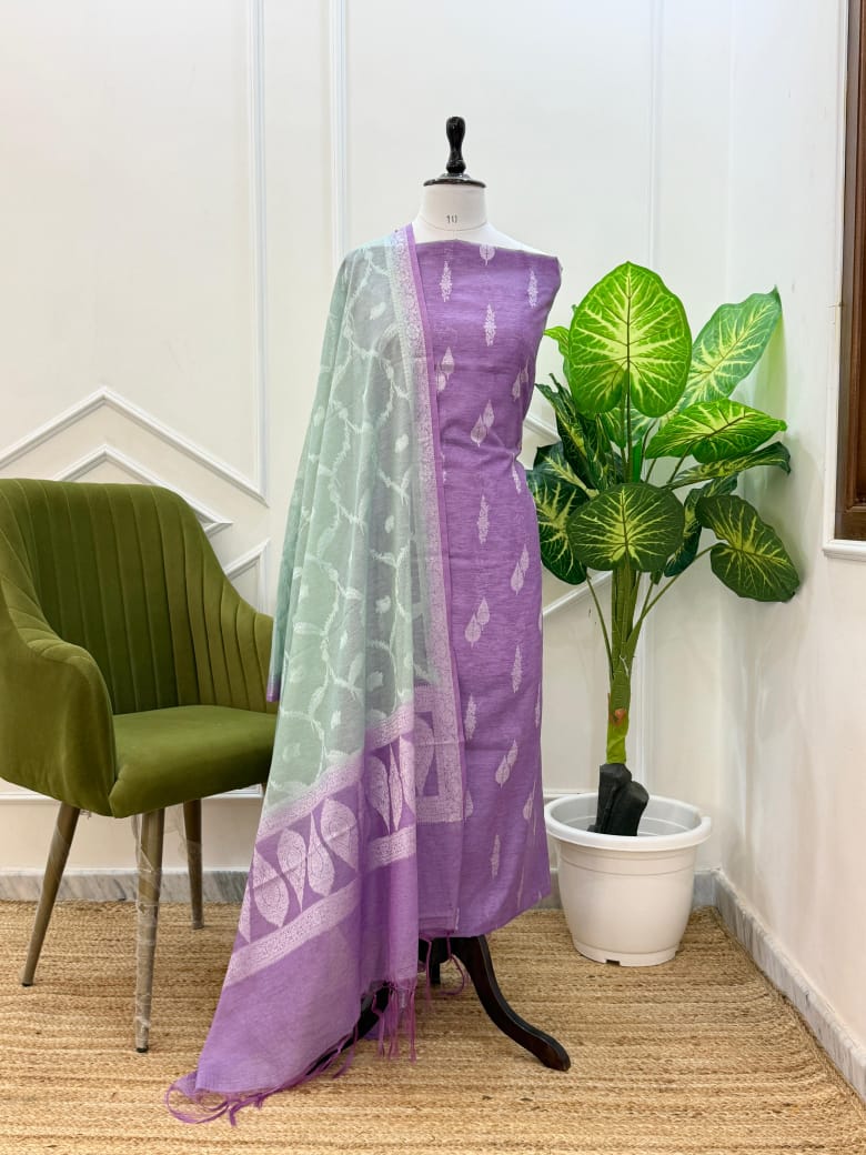 Elegant Linen Dupion Resham Booti Banarasi Suit with Contrast Jaal Dupatta – Purple & Seagreen 1100SKL_LDB3