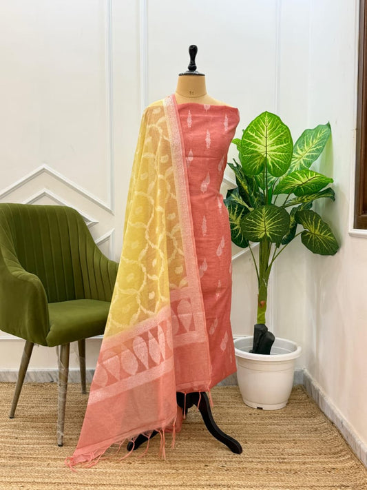 Elegant Linen Dupion Resham Booti Banarasi Suit with Contrast Jaal Dupatta – Peach & Yellow 1100SKL_LDB4