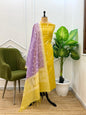 Elegant Linen Dupion Resham Booti Banarasi Suit with Contrast Jaal Dupatta – Yellow & Purple 1100SKL_LDB5