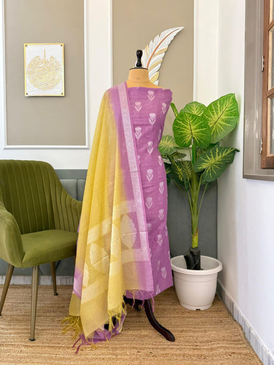 Purple Linen Dupion With Contrast Dye Dupatta Banarasi 3 Pcs Suit Set 1100SKL_LN13