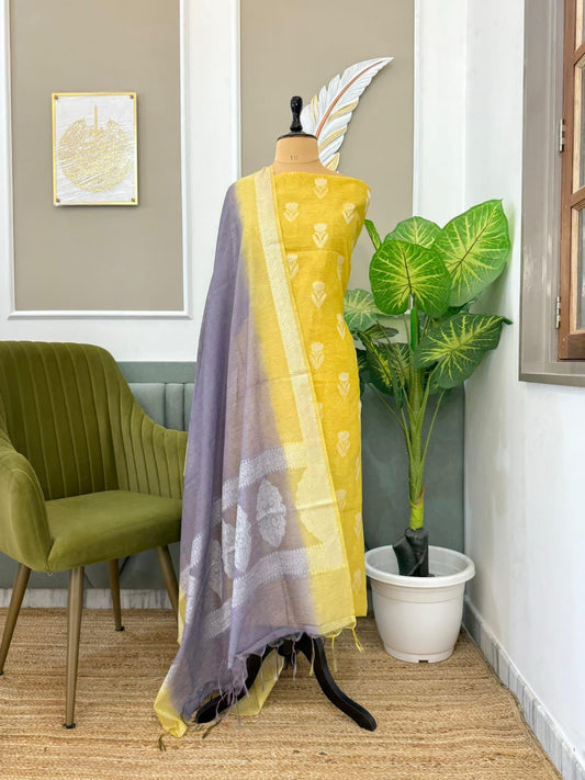Yellow Linen Dupion With Contrast Dye Dupatta Banarasi 3 Pcs Suit Set 1100SKL_LN14