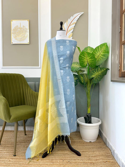 Light Blue Linen Dupion With Contrast Dye Dupatta Banarasi 3 Pcs Suit Set 1100SKL_LN16