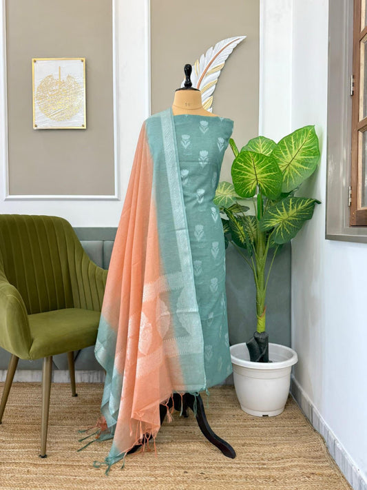 Seagreen Linen Dupion With Contrast Dye Dupatta Banarasi 3 Pcs Suit Set 1100SKL_LN17