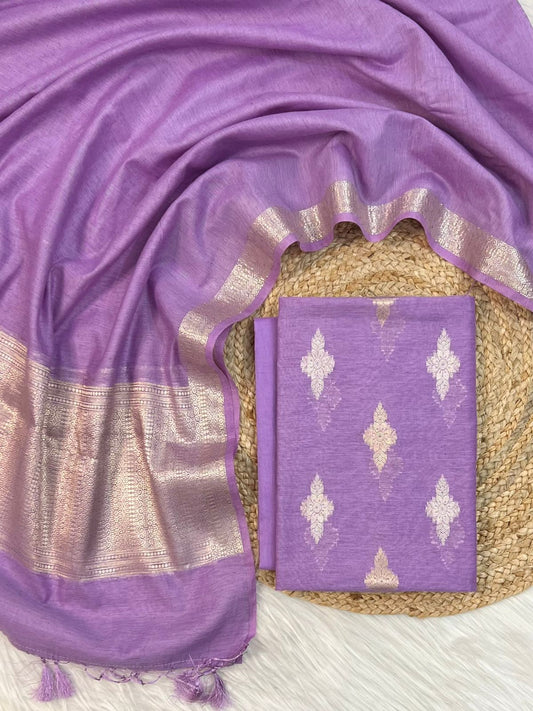 Purple Linen Dupion Booti With Contrast Dye Dupatta Banarasi 3 Pcs Suit Set 1100SKL_LN18