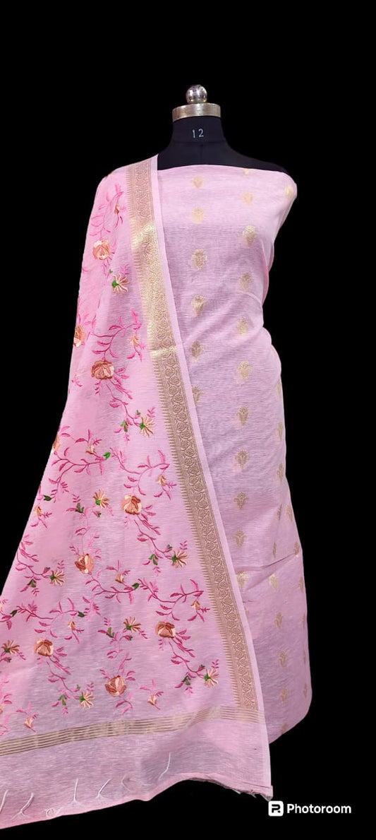 Pink Linen Silk Floral Zari Booti with Embroidery Jaal Dupatta Banarasi Suit 1100SKL_LN27