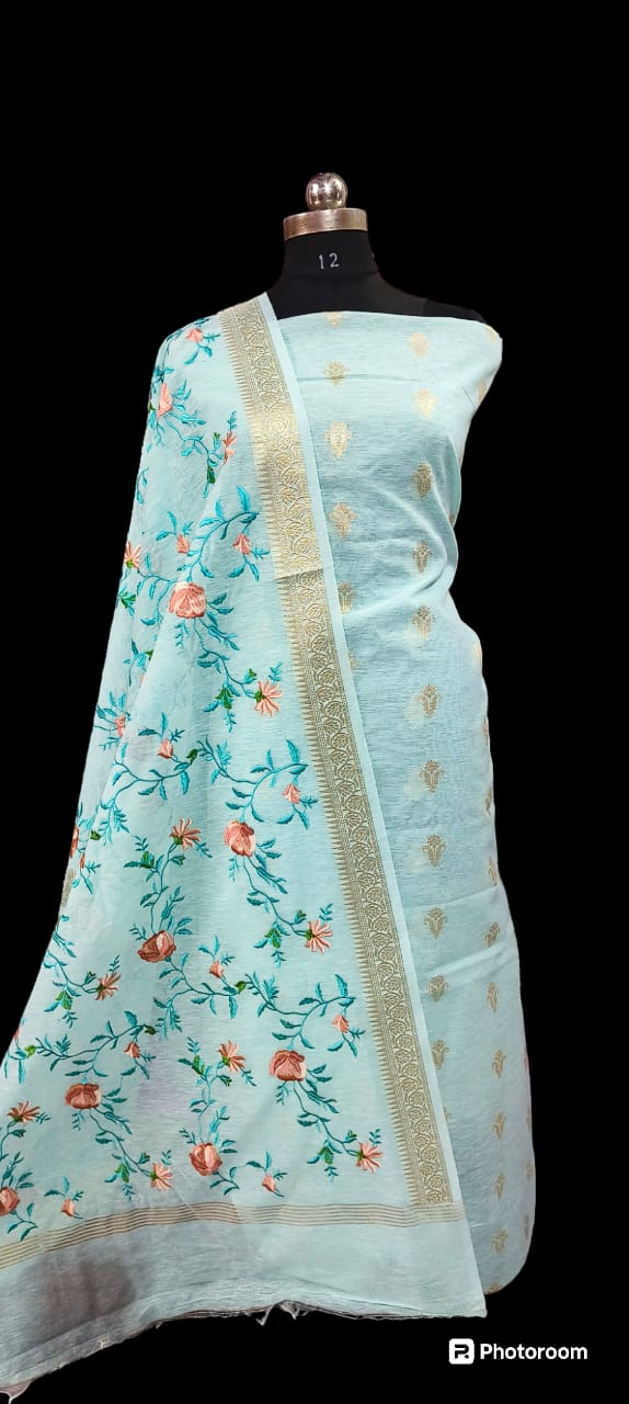 Seagreen Linen Silk Floral Zari Booti with Embroidery Jaal Dupatta Banarasi Suit 1100SKL_LN29