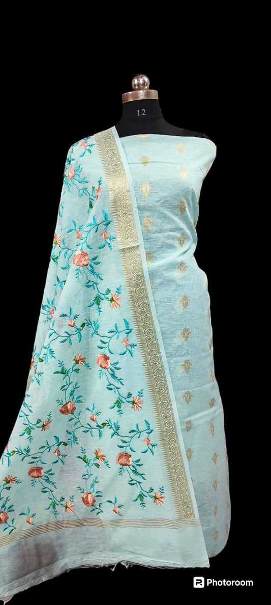Seagreen Linen Silk Floral Zari Booti with Embroidery Jaal Dupatta Banarasi Suit 1100SKL_LN29