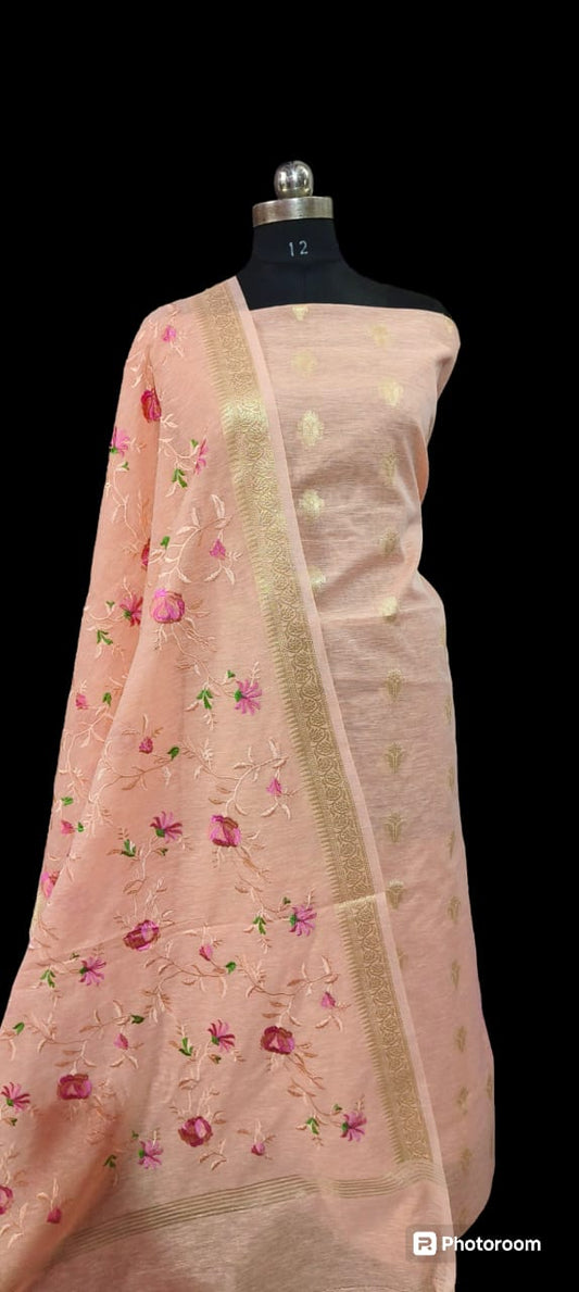 Peach Linen Silk Floral Zari Booti with Embroidery Jaal Dupatta Banarasi Suit 1100SKL_LN30