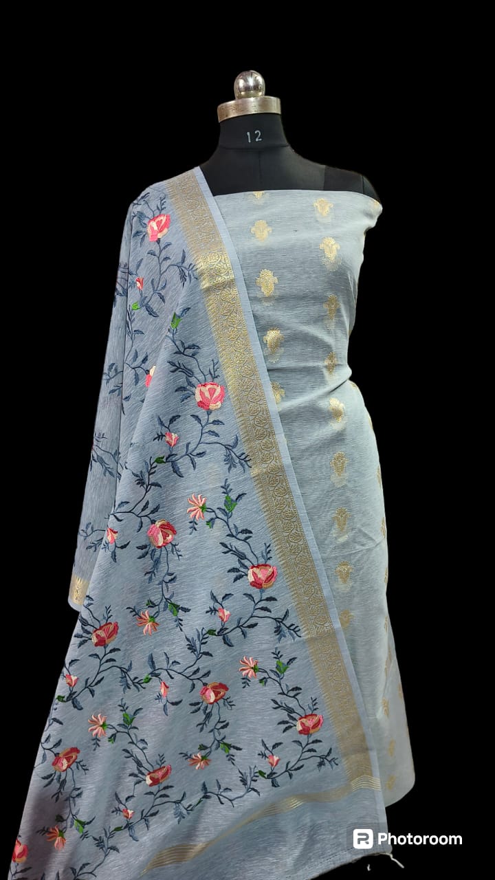 Grey Linen Silk Floral Zari Booti with Embroidery Jaal Dupatta Banarasi Suit 1100SKL_LN31