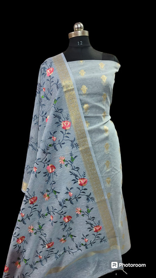 Grey Linen Silk Floral Zari Booti with Embroidery Jaal Dupatta Banarasi Suit 1100SKL_LN31