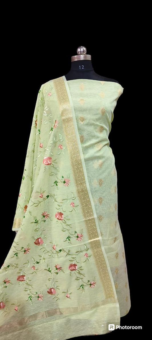 Light Yellow Linen Silk Floral Zari Booti with Embroidery Jaal Dupatta Banarasi Suit 1100SKL_LN32
