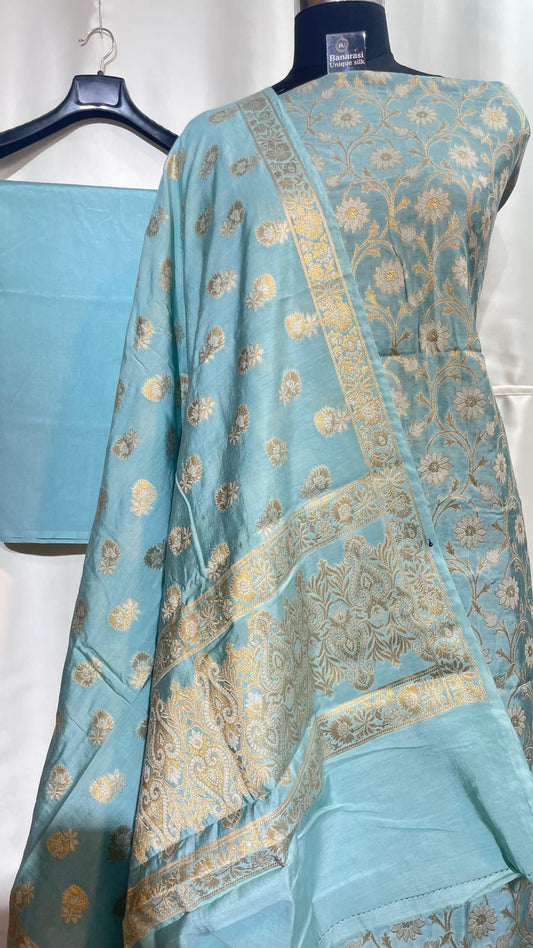 Blue Mulberry Chiniya Silk With Floral Booti Dupatta Banarasi 3 Pcs Suit Set 1100SKL_MLC1
