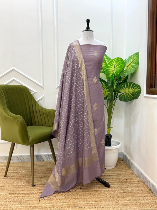 Mauve Mercerised Banarasi Suit with Zari Border & Embroidered Dupatta 1100SKL_MS11