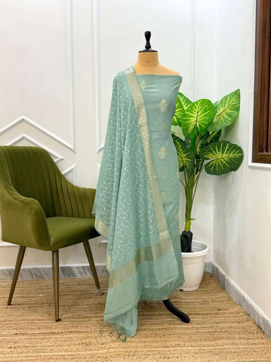Sea Green Mercerised Banarasi Suit with Zari Border & Embroidered Dupatta 1100SKL_MS7