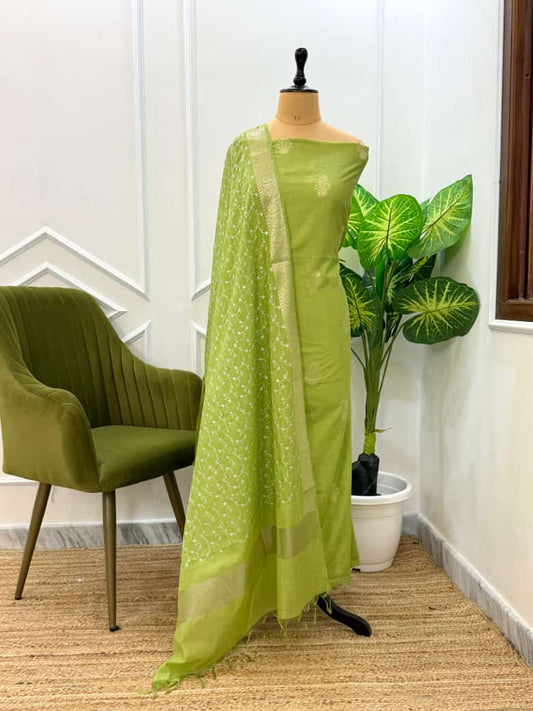 Light Green Mercerised Banarasi Suit with Zari Border & Embroidered Dupatta 1100SKL_MS8