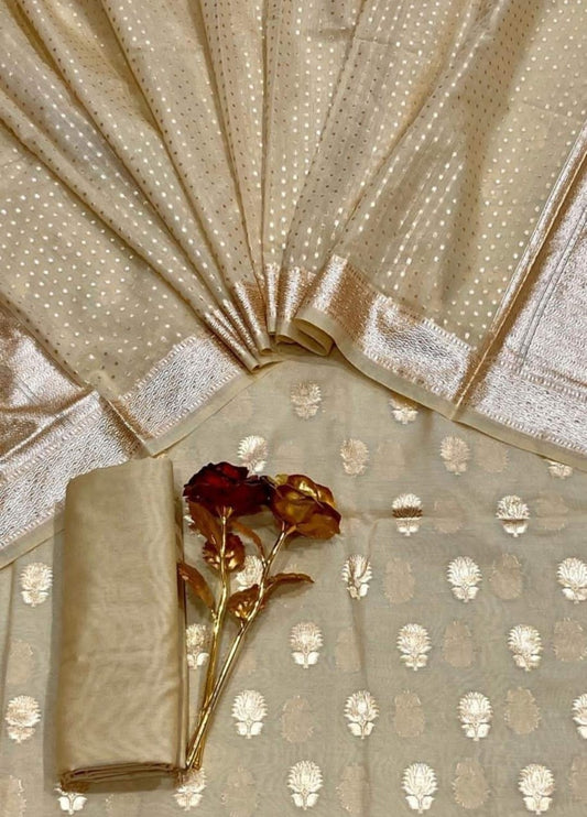 Beige Pure Mercerised Banarasi Suit with Lorex Weaving & Floral Booti Dupatta 1100SKL_MSL1