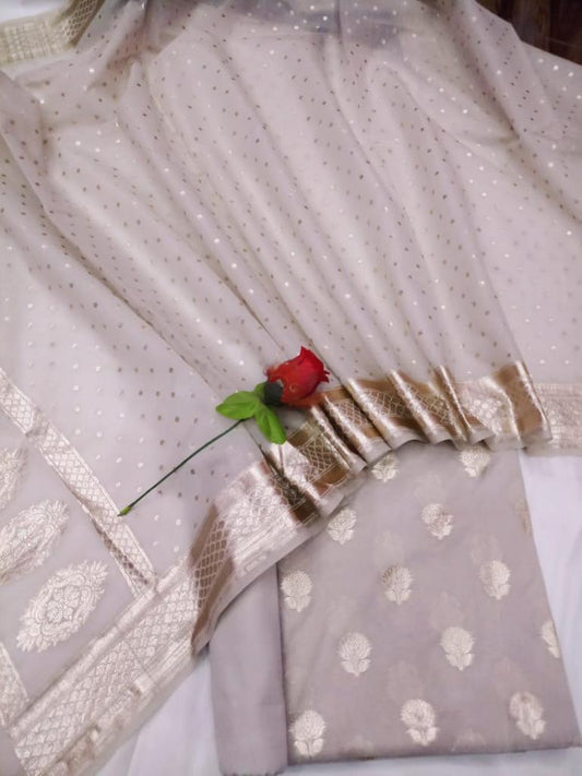 Light cream Pure Mercerised Banarasi Suit with Lorex Weaving & Floral Booti Dupatta 1100SKL_MSL11
