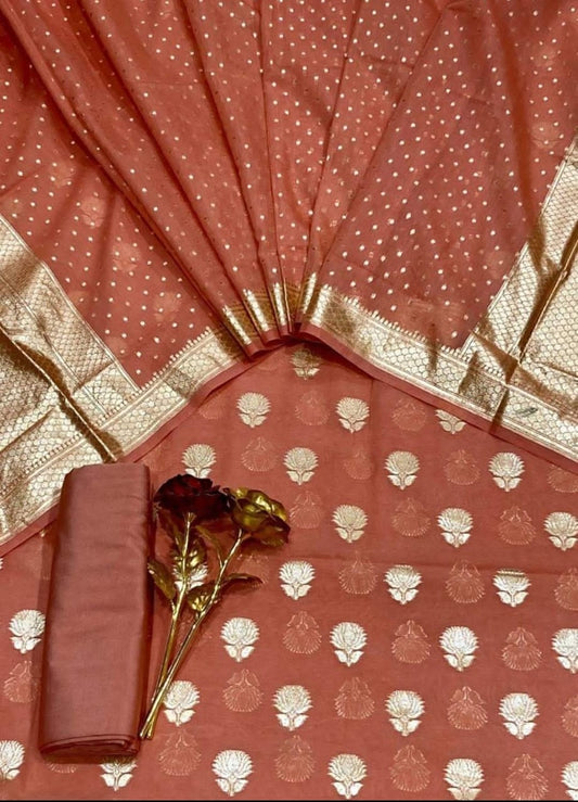 Peach Pure Mercerised Banarasi Suit with Lorex Weaving & Floral Booti Dupatta 1100SKL_MSL13