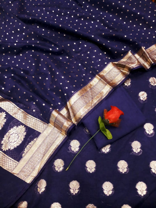 Navy Blue Pure Mercerised Banarasi Suit with Lorex Weaving & Floral Booti Dupatta 1100SKL_MSL4