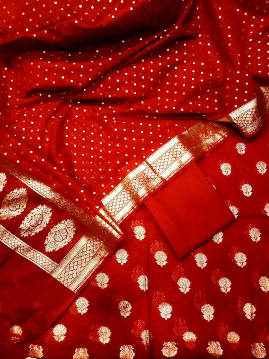 Red Pure Mercerised Banarasi Suit with Lorex Weaving & Floral Booti Dupatta 1100SKL_MSL8