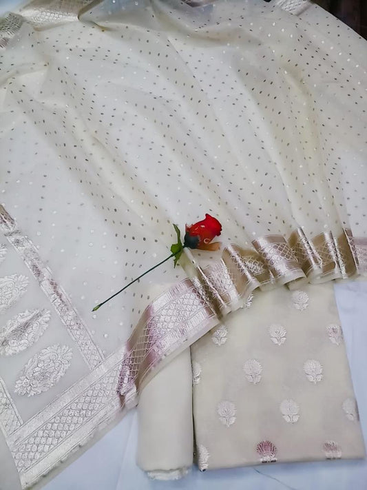 Off-white Pure Mercerised Banarasi Suit with Lorex Weaving & Floral Booti Dupatta 1100SKL_MSL9