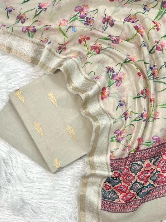 Beige Pure Mercerised Zari Booti with Digital Print Dupatta Banarasi Suit 1100SKL_PMD1