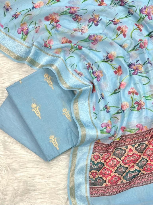 Light Blue Pure Mercerised Zari Booti with Digital Print Dupatta Banarasi Suit 1100SKL_PMD2