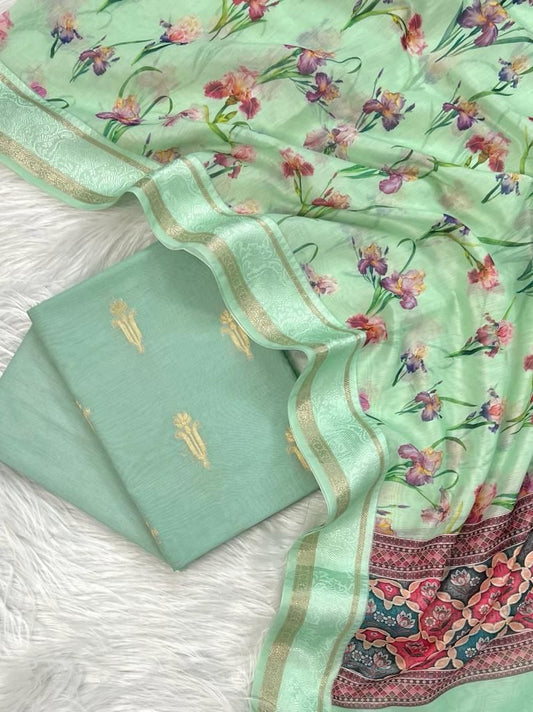 Light Green Pure Mercerised Zari Booti with Digital Print Dupatta Banarasi Suit 1100SKL_PMD3