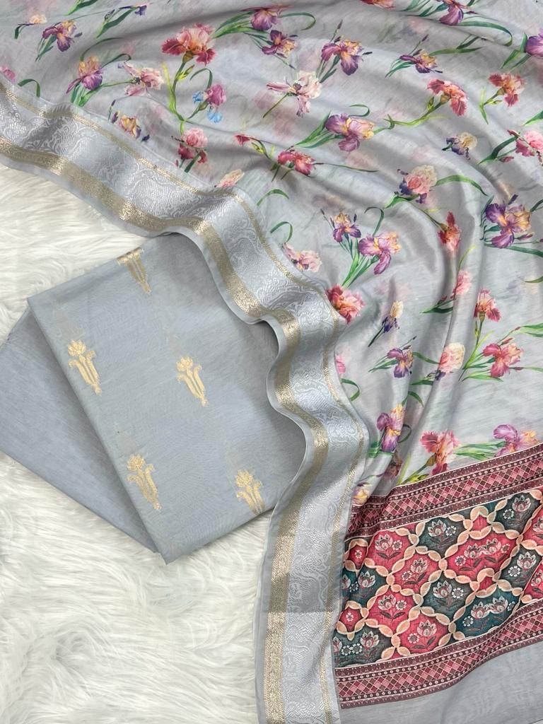 Grey Pure Mercerised Zari Booti with Digital Print Dupatta Banarasi Suit 1100SKL_PMD6