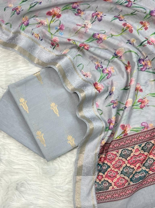 Grey Pure Mercerised Zari Booti with Digital Print Dupatta Banarasi Suit 1100SKL_PMD6