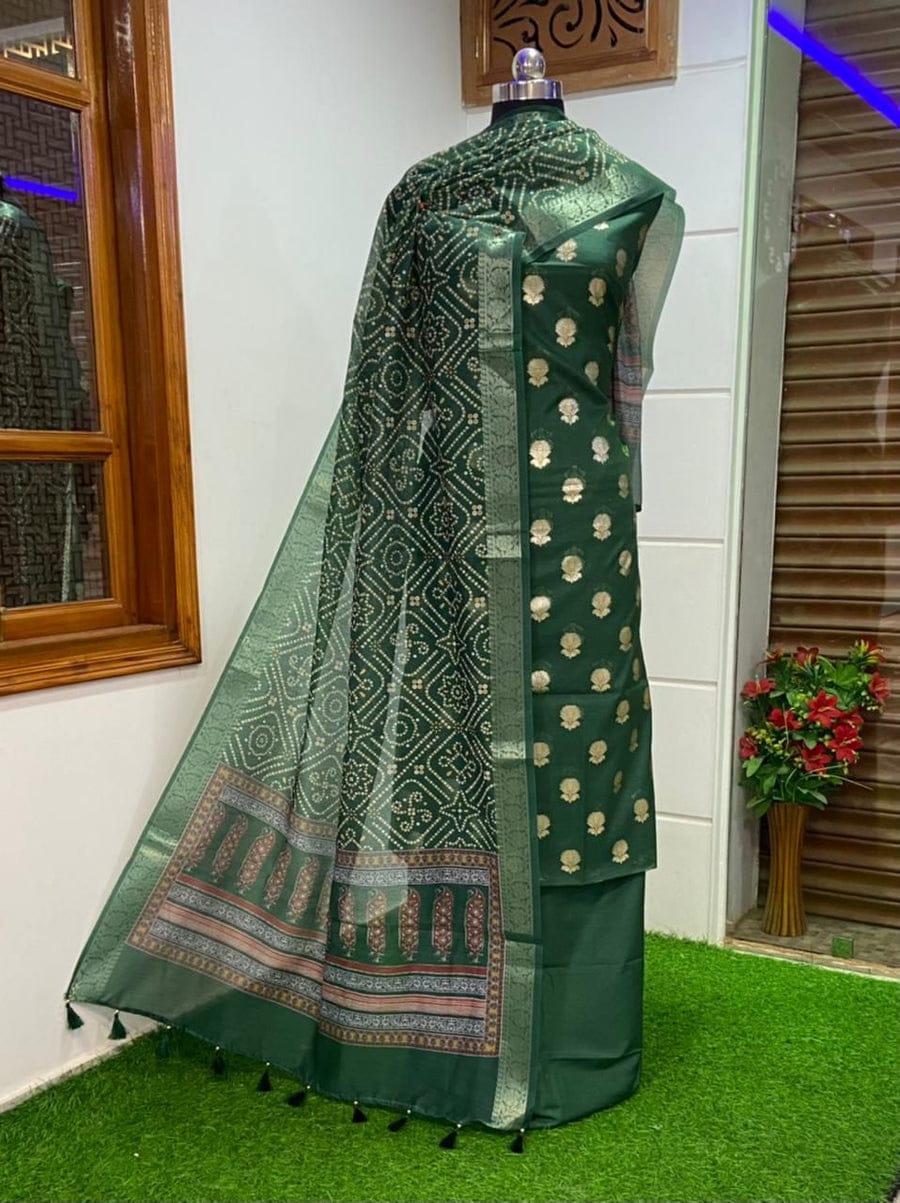 Dark Green Mercerised Cotton Lurex Banarasi Suit with Premium Chanderi Silk Dupatta 1100SKL_PML29