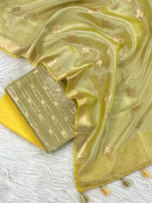 Light Yellow Tissue Silk Stripe Zari Neck Banarasi Suit With Zari Border Crush Dupatta SKL_TSU14