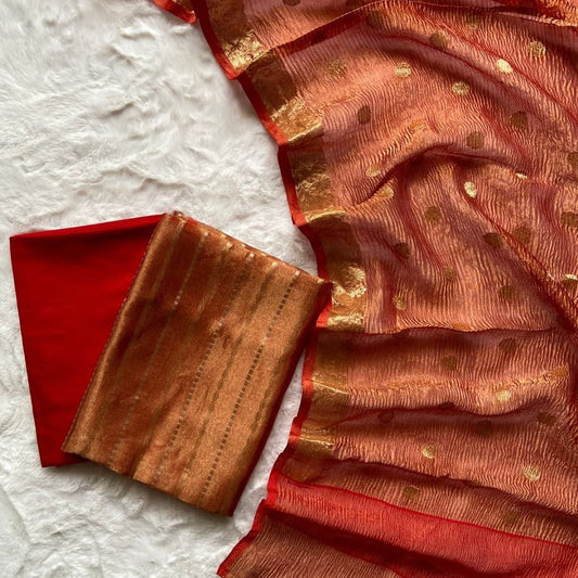 Red Tissue Floral Stripe Zari Banarasi Suit Set With Crush Dupatta 1100SKL_TSU9