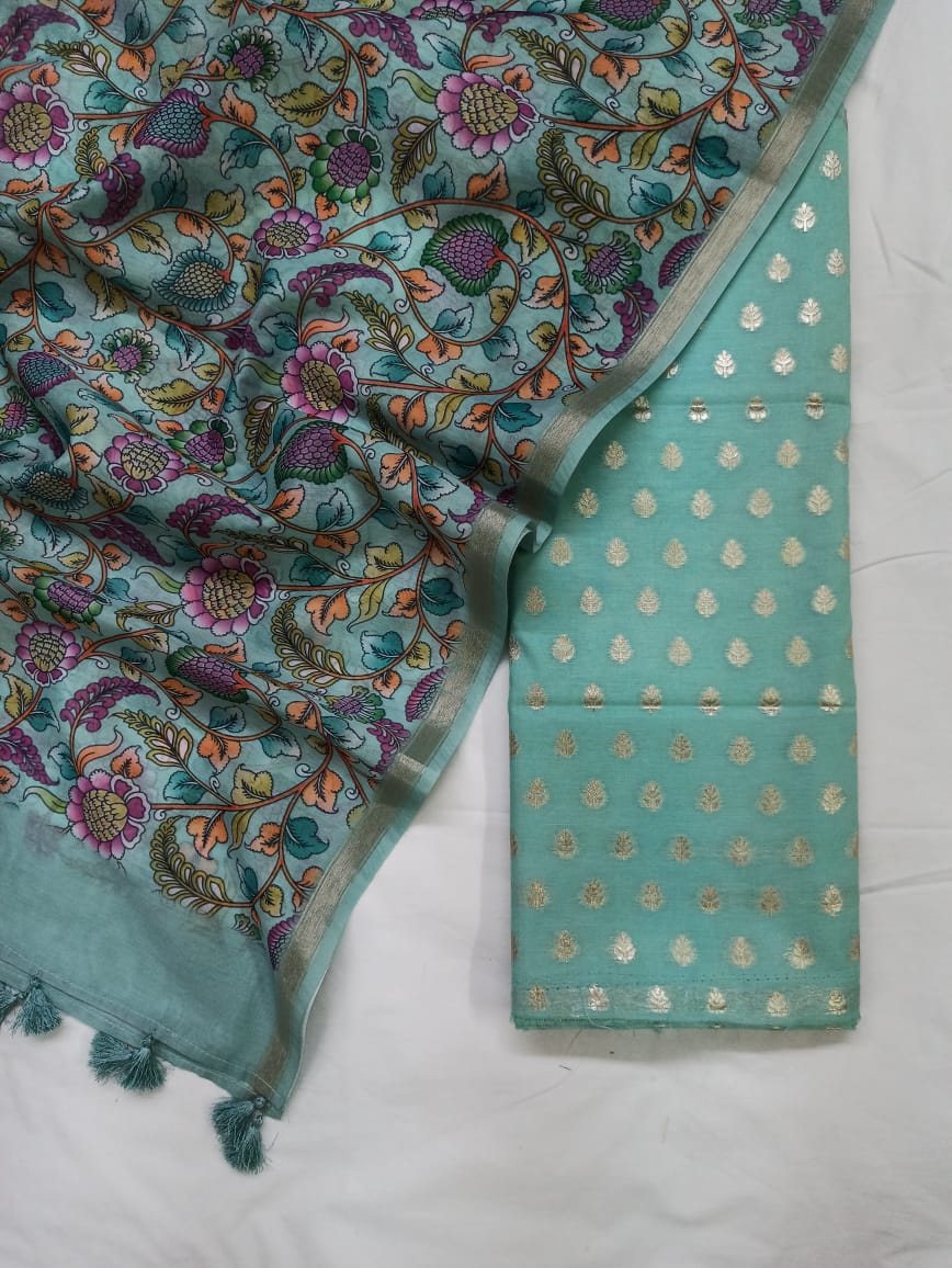Seagreen Pink Pure Mercerise Silk Chunri Zari Booti with Chanderi Silk Print Dupatta Suit Set 1100SKL_PMC11