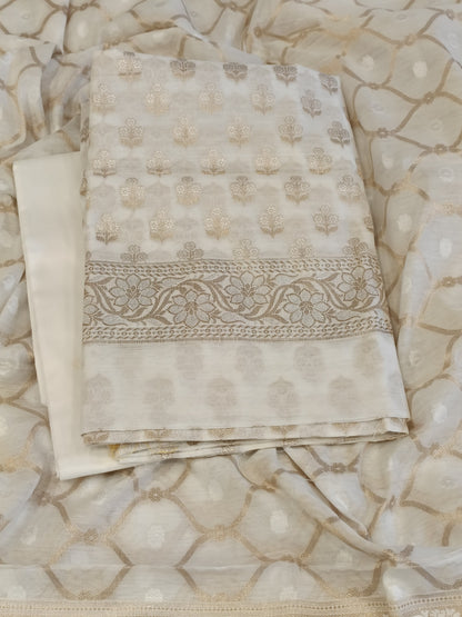 White Cotton Floral Silver Zari Booti Banarasi Suit with Alfi Jaal Dupatta Banarasi Suit 115SHL_CTN1