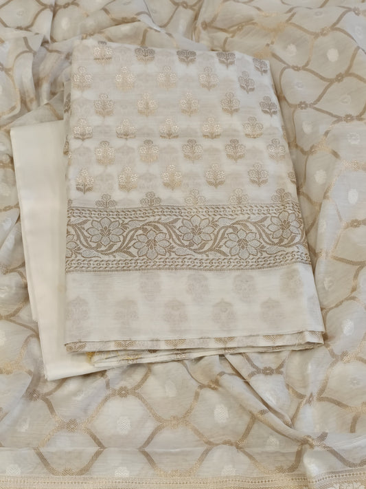 White Cotton Floral Silver Zari Booti Banarasi Suit with Alfi Jaal Dupatta Banarasi Suit 115SHL_CTN1