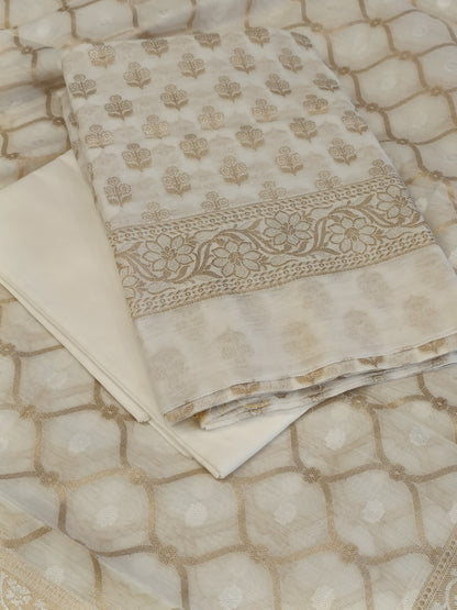 White Cotton Floral Silver Zari Booti Banarasi Suit with Alfi Jaal Dupatta Banarasi Suit 115SHL_CTN1