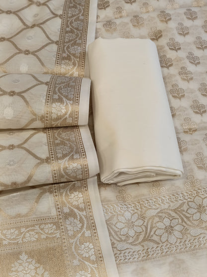 White Cotton Floral Silver Zari Booti Banarasi Suit with Alfi Jaal Dupatta Banarasi Suit 115SHL_CTN1