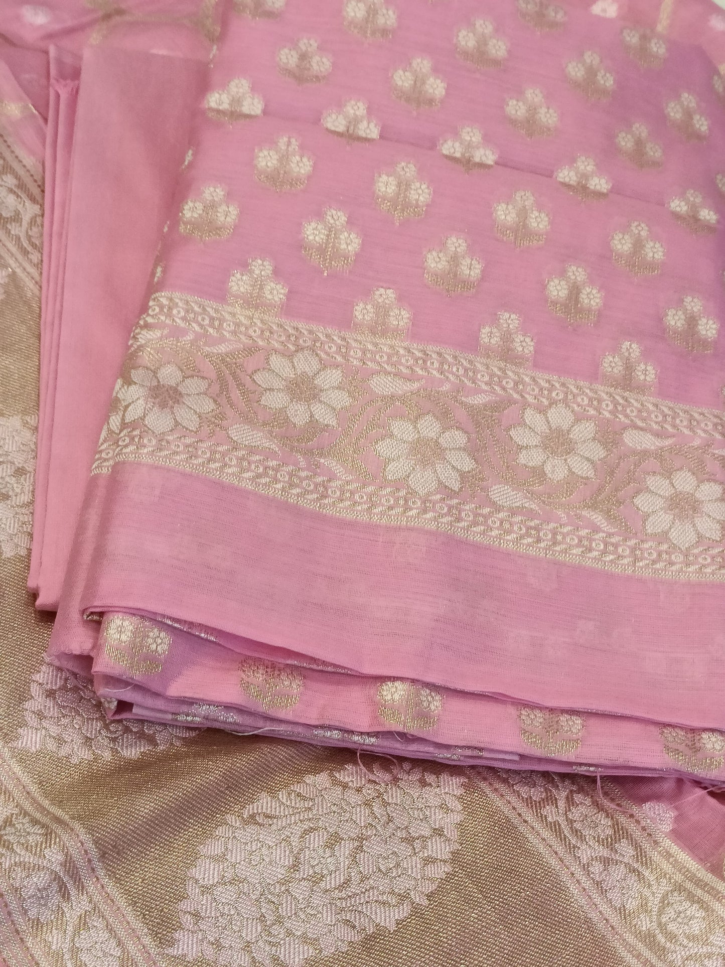 Pink Cotton Floral Silver Zari Booti Banarasi Suit with Alfi Jaal Dupatta Banarasi Suit 115SHL_CTN2