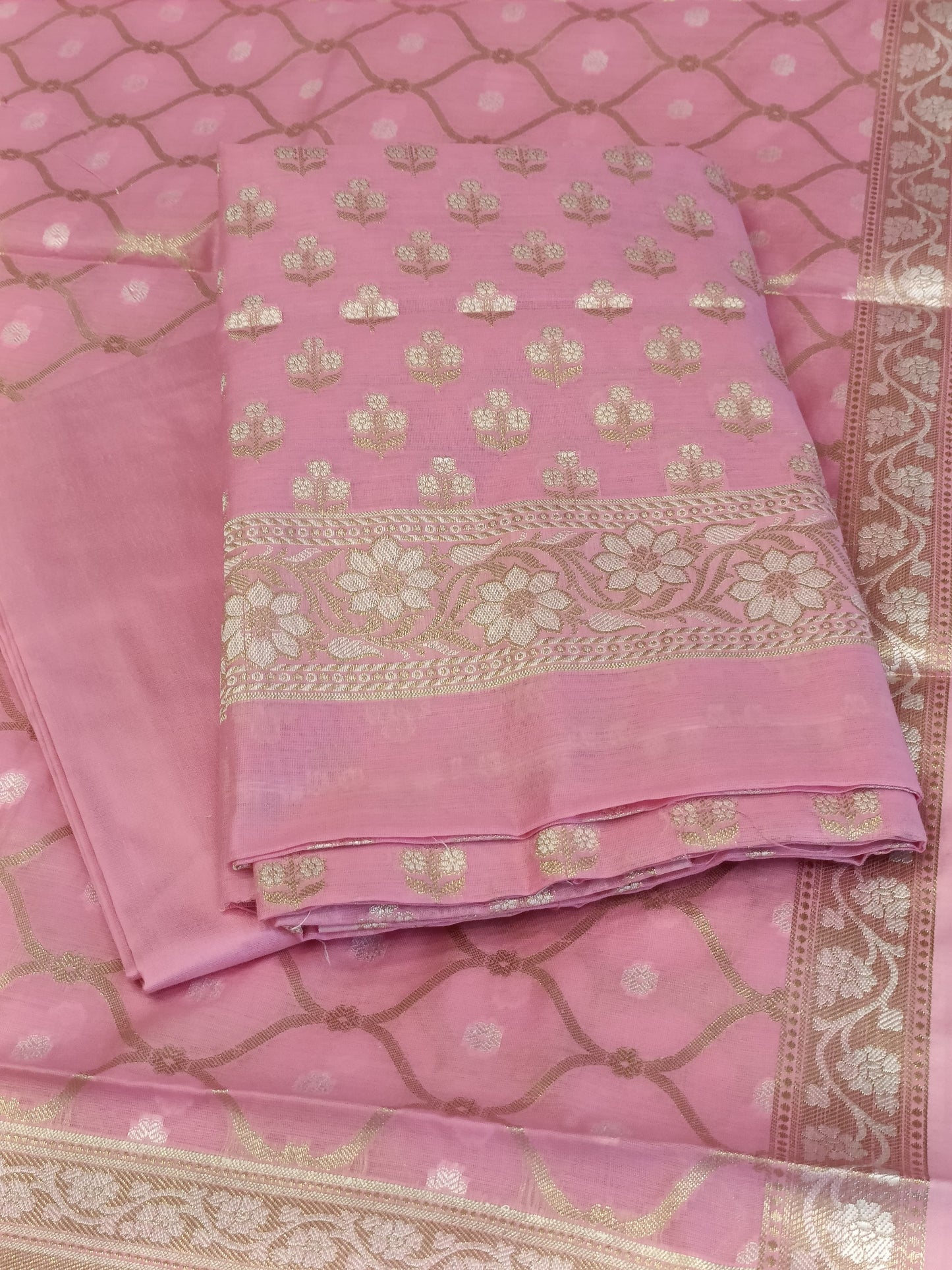 Pink Cotton Floral Silver Zari Booti Banarasi Suit with Alfi Jaal Dupatta Banarasi Suit 115SHL_CTN2