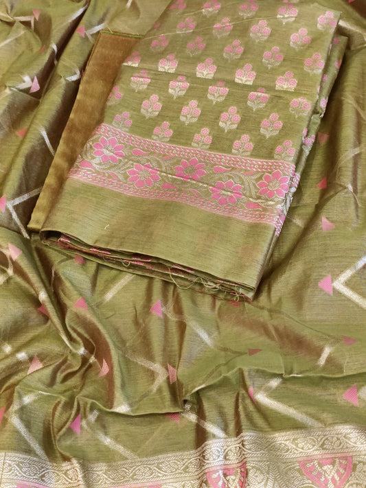 Green Cotton Floral Silver Zari Booti Banarasi Suit with Alfi Jaal Dupatta Banarasi Suit 115SHL_CTN3