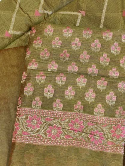 Green Cotton Floral Silver Zari Booti Banarasi Suit with Alfi Jaal Dupatta Banarasi Suit 115SHL_CTN3