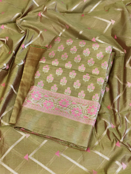 Green Cotton Floral Silver Zari Booti Banarasi Suit with Alfi Jaal Dupatta Banarasi Suit 115SHL_CTN3