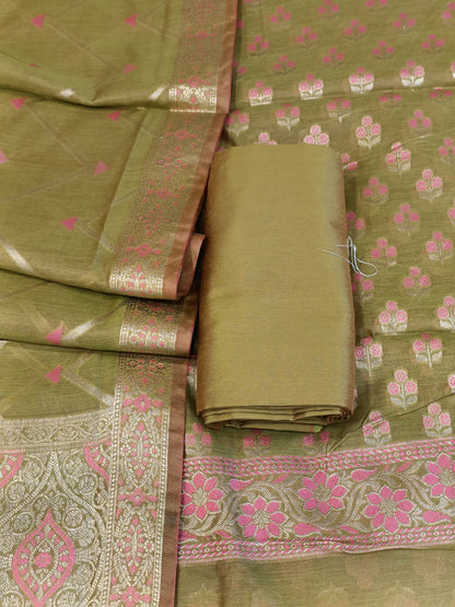 Green Cotton Floral Silver Zari Booti Banarasi Suit with Alfi Jaal Dupatta Banarasi Suit 115SHL_CTN3