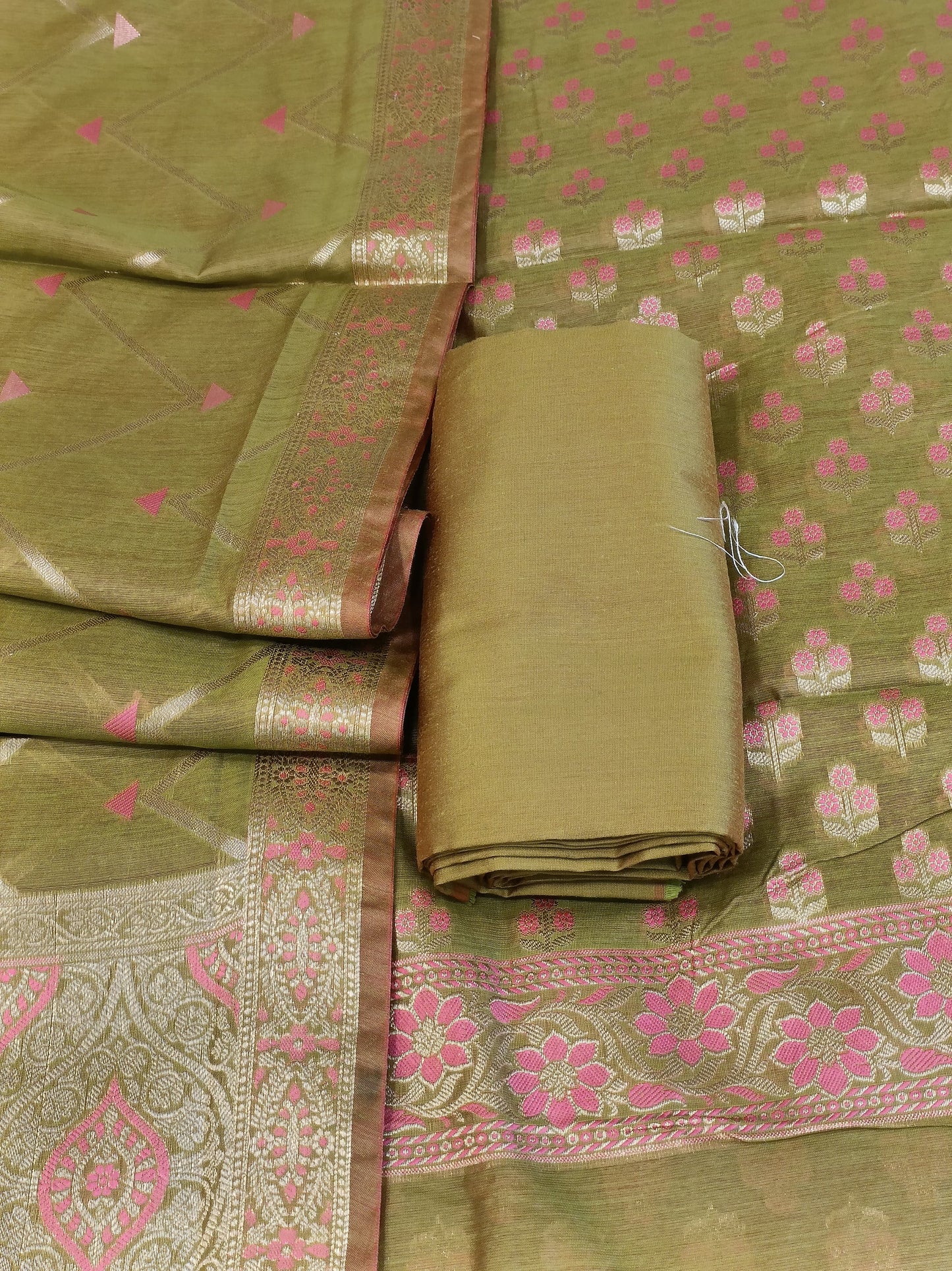 Green Cotton Floral Silver Zari Booti Banarasi Suit with Alfi Jaal Dupatta Banarasi Suit 115SHL_CTN3